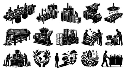 Obraz premium Black White Icons: Manufacturing Process, Recycling, Industry Technology