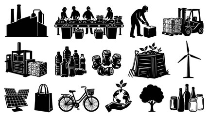 Fototapeta premium Recycling and Eco-Friendly Industry Icons: Factory, Forklift, Solar Panels, Wind Turbine, Bike