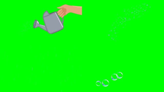 Watering cans, bubbles, hands reaching, and green plant graphic elements 2d animated cartoon on green screen chroma key background. high quality loop cycle vector illustration animation