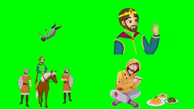 Royal king, horse knights, eating people, and a falling stone animations 2d animated cartoon on green screen chroma key background. high quality loop cycle vector illustration animation