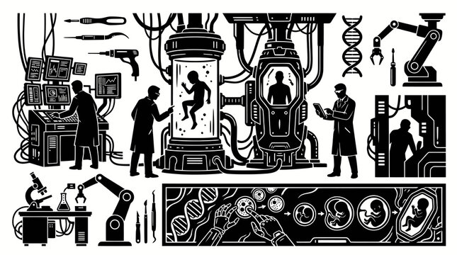 Futuristic Science Lab with DNA, Embryo Growth, and Robot Arm Technology