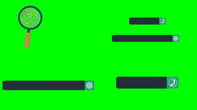 Magnifying glass with germs, search web bars, and user interface blocks 2d animated cartoon on green screen chroma key background. high quality loop cycle vector illustration animation