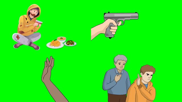 Sitting man, holding pistol, surrendering hands, and talking elder guys 2d animated cartoon on green screen chroma key background. high quality loop cycle vector illustration animation