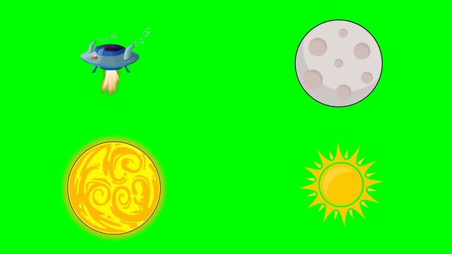 Alien flying spaceship, detailed moon, bright sun, and a glowing planet 2d animated cartoon on green screen chroma key background. high quality loop cycle vector illustration animation