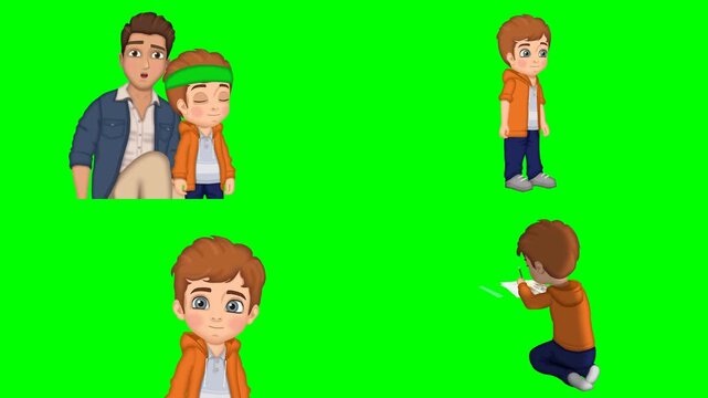 Smiling boy face portrait, father hugging son, sitting kids, and pointer 2d animated cartoon on green screen chroma key background. high quality loop cycle vector illustration animation