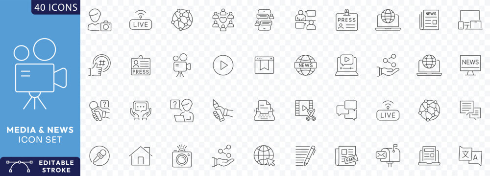 Media and news icon set. Containing News, Television, blogging, social media, video, promotion Etc. Fully Editable. Vector illustration.
