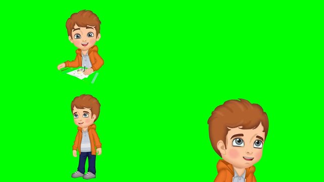 Boy writing text notes, hands holding pencil, thinking child, and a face 2d animated cartoon on green screen chroma key background. high quality loop cycle vector illustration animation