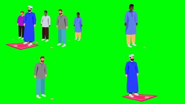 Muslim people praying, walking, and standing in islamic clothing animations 2d animated cartoon on green screen chroma key background. high quality loop cycle vector illustration animation