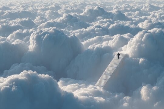 Man Walking on a Stairway to Heaven Among Clouds.
