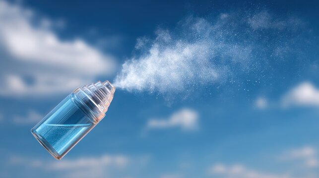 A bottle of refreshing fragrance spraying a mist against the backdrop of a blue sky with fluffy clouds. This evokes a sense of freshness and purity