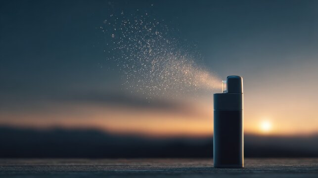 Close-up shot of a spray bottle in action, with the mist creating a dynamic effect against the serene sunset background
