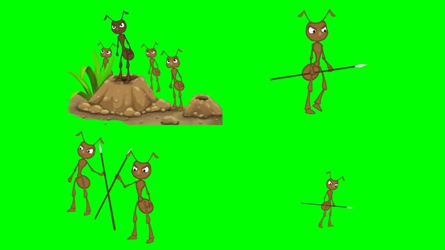 Small brown ant colony gathering around their dirt anthill mounds animations 2d animated cartoon on green screen chroma key background. high quality loop cycle vector illustration animation