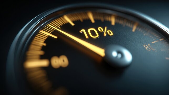 Close-up of a gauge pointing at 10%, indicating a small percentage or level