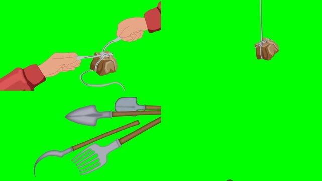 Hands holding agricultural farming tools, seeds, and soil blocks. animations 2d animated cartoon on green screen chroma key background. high quality loop cycle vector illustration animation