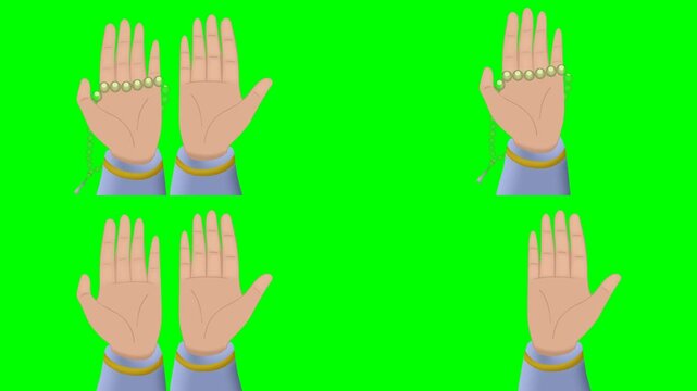Four human hands raising up with open palms facing the camera now animations 2d animated cartoon on green screen chroma key background. high quality loop cycle vector illustration animation