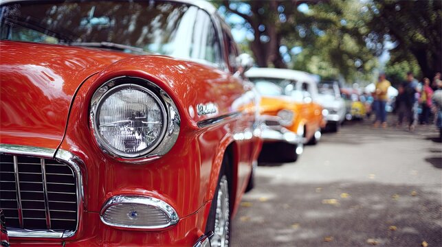 Classic Red American Automobile on Display at Outdoor Event.