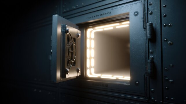 An open bank vault door with a bright light inside, representing security and financial concepts