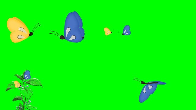 Beautiful colorful flying butterflies, and creeping crawling caterpillar 2d animated cartoon on green screen chroma key background. high quality loop cycle vector illustration animation