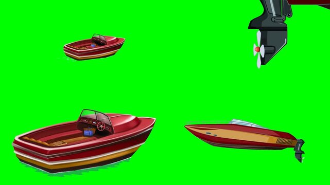 Red motorboats and outboards navigating ocean waves with splashing foams 2d animated cartoon on green screen chroma key background. high quality loop cycle vector illustration animation