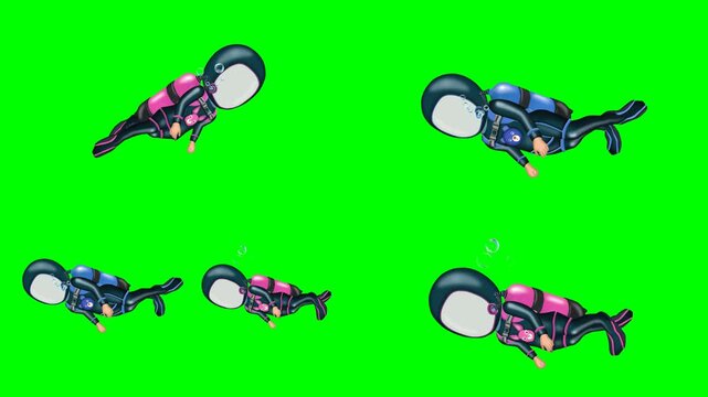 Side profile views of fully equipped scuba divers swimming in deep ocean 2d animated cartoon on green screen chroma key background. high quality loop cycle vector illustration animation
