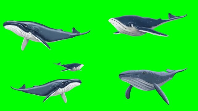 Massive blue whales swimming elegantly together inside the deeper oceans 2d animated cartoon on green screen chroma key background. high quality loop cycle vector illustration animation