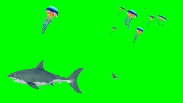 Dangerous swimming sharks and floating pink jellyfishes in the deep seas 2d animated cartoon on green screen chroma key background. high quality loop cycle vector illustration animation