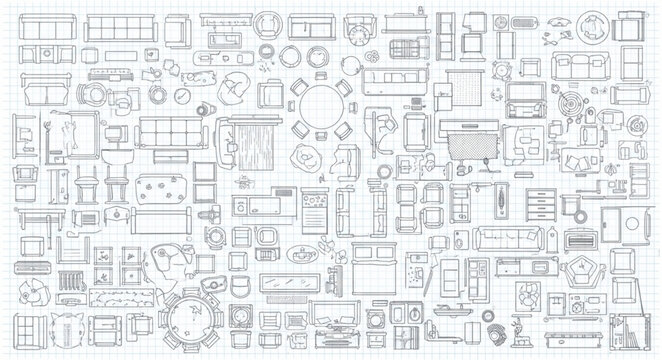 Collection of architectural floor plan drawings of various rooms and buildings.