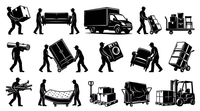 Movers and Moving Services Black  White Silhouette Icon Set. Professional Relocation with Furniture, Boxes, and Equipment.