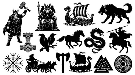 Naklejka premium Black and White Viking Symbols and Icons: Thor's Hammer, Odin, Wolves, Dragons