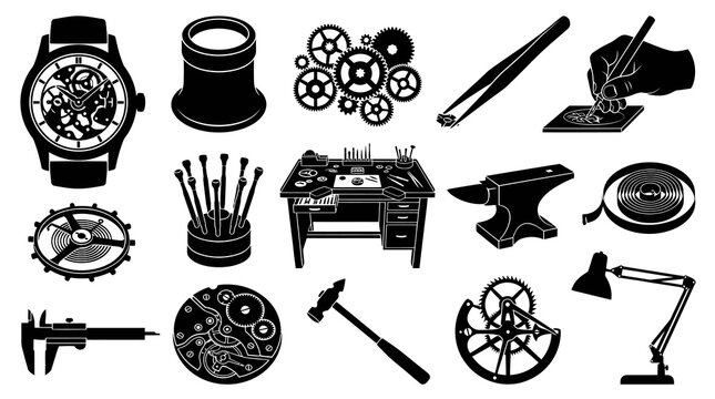 Set of Watchmaking Horology Tools and Watch Components Black and White Glyph Silhouette Icons
