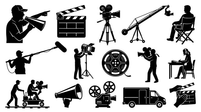 Black  White Glyph Silhouettes of Filmmaking Crew and Production Equipment Icons Set