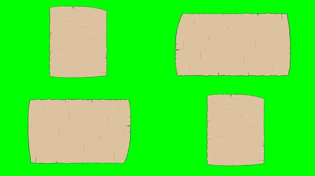 Blank beige scrolling parchment papers and vintage historical map pieces 2d animated cartoon on green screen chroma key background. high quality loop cycle vector illustration animation