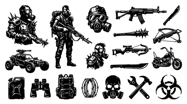 Post-apocalyptic Soldier, Weapons, Vehicle, Gear - BW Line Art
