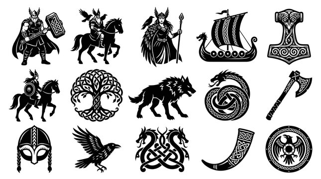 Norse Mythology and Viking Culture Black and White Vector Icon Set with Gods, Warriors, Animals, and Symbols