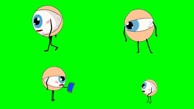 Funny cartoon eyeballs characters with long legs and arms using a mobile 2d animated cartoon on green screen chroma key background. high quality loop cycle vector illustration animation