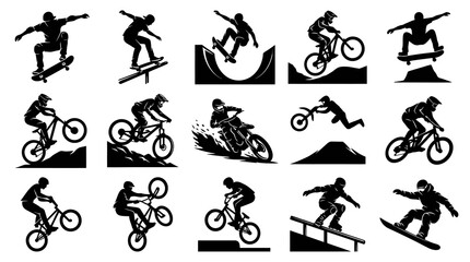 Fototapeta premium Extreme Sports Icons: Silhouette Set of Skateboarder, BMX, Snowboarder, Mountain Bike
