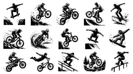 Fototapeta premium Extreme Action Sports Vector Set: Skateboard, Snowboard, BMX, Motocross Riders Monochrome Line Art