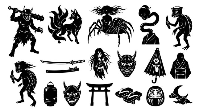 Japanese Mythology Vector Icons: Oni, Kitsune, Kappa, Ghost, Samurai Sword, Daruma, Moon