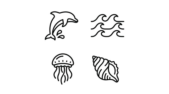 Ocean Icons: Dolphin, Waves, Jellyfish, Seashell - Minimalist Line Art Set
