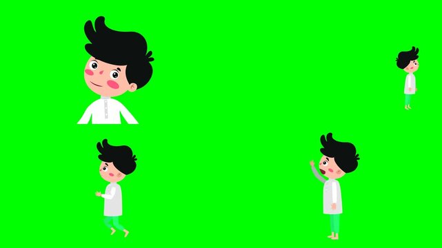 Little cute boys wearing white clothes and walking happily forward today 2d animated cartoon on green screen chroma key background. high quality loop cycle vector illustration animation