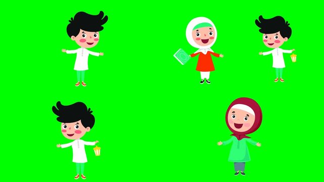 Happy smiling muslim kids a boy and a girl wearing pink hijab with items 2d animated cartoon on green screen chroma key background. high quality loop cycle vector illustration animation
