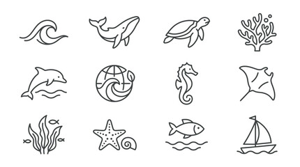 Obraz premium Ocean Life Icons: Whale, Dolphin, Turtle, Seahorse, Fish, Starfish, Sailboat, Wave, Coral, Ray