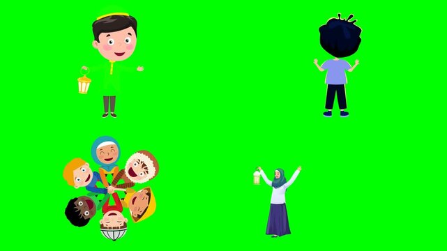 Children faces forming a circle and cute boys holding a lantern brightly 2d animated cartoon on green screen chroma key background. high quality loop cycle vector illustration animation