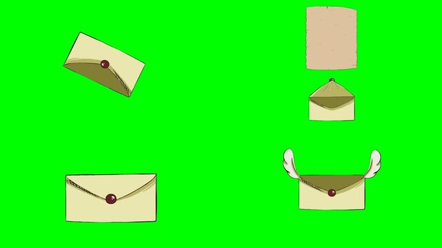 Opening beige envelopes with blank letter documents flying out of inside 2d animated cartoon on green screen chroma key background. high quality loop cycle vector illustration animation