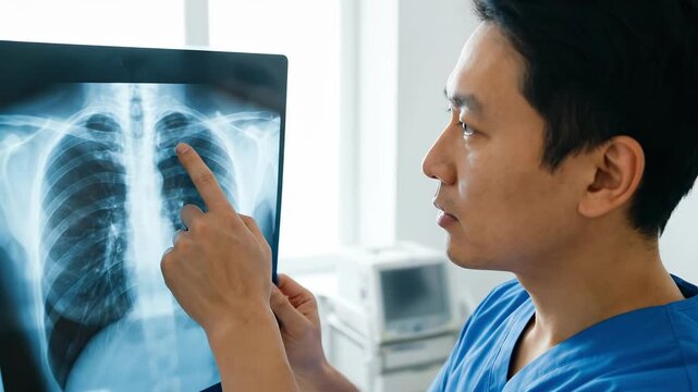 Asian male doctor examining a chest x-ray in a hospital. Medical professional analyzing lung scan for diagnosis. Healthcare and radiology concept