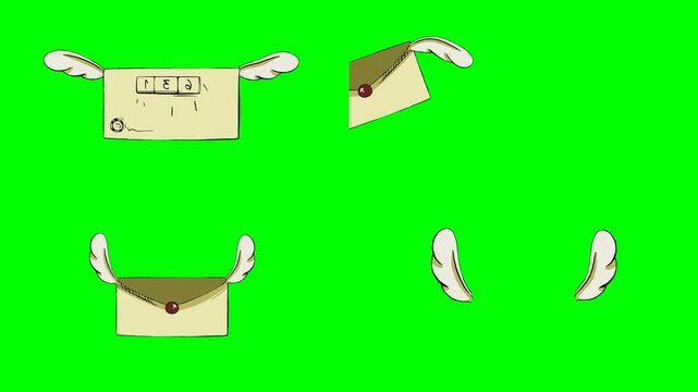 Magical flying message envelopes with white angel wings floating rapidly 2d animated cartoon on green screen chroma key background. high quality loop cycle vector illustration animation