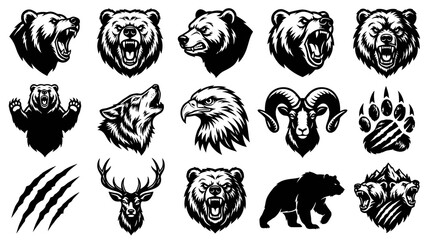 Fototapeta premium Set of Black and White Wild Animal Icons: Bears, Wolf, Ram, Eagle, Deer