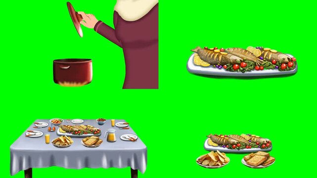 Delicious cooked meals on a dining table and hands cutting roasted meats 2d animated cartoon on green screen chroma key background. high quality loop cycle vector illustration animation