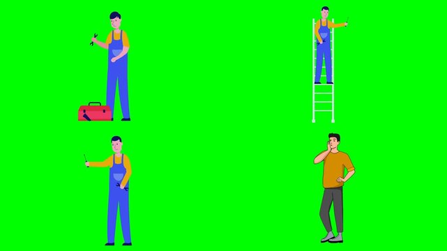 Professional repairman workers carrying tool boxes and climbing a ladder 2d animated cartoon on green screen chroma key background. high quality loop cycle vector illustration animation