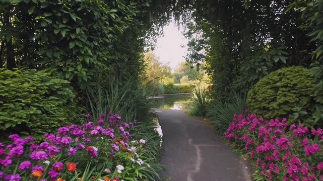 Garden path under a lush green archway. Vibrant purple and white flowers blooming by a pond. Botanical garden landscape